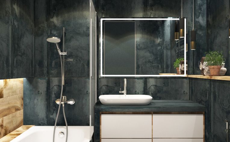 moody bathroom with dark tiled shower walls